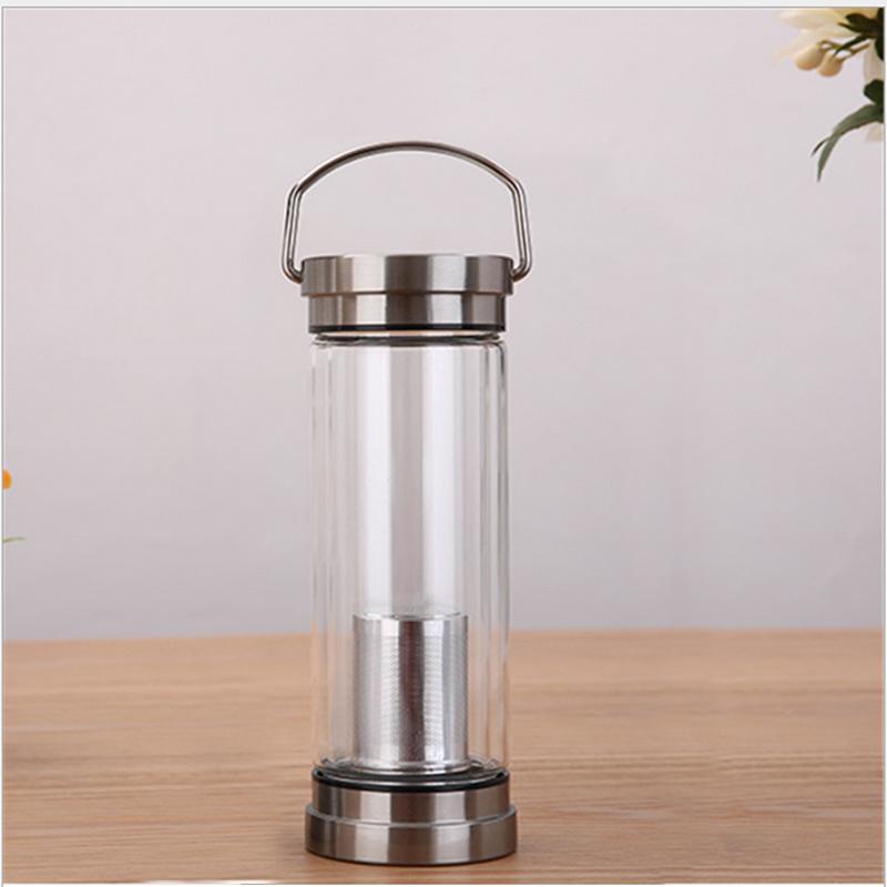 Bình thủy tinh giữ nhiệt 2 lớp 2 đầu kiêm lọc pha trà inox cao cấp có quai xách - 300ml