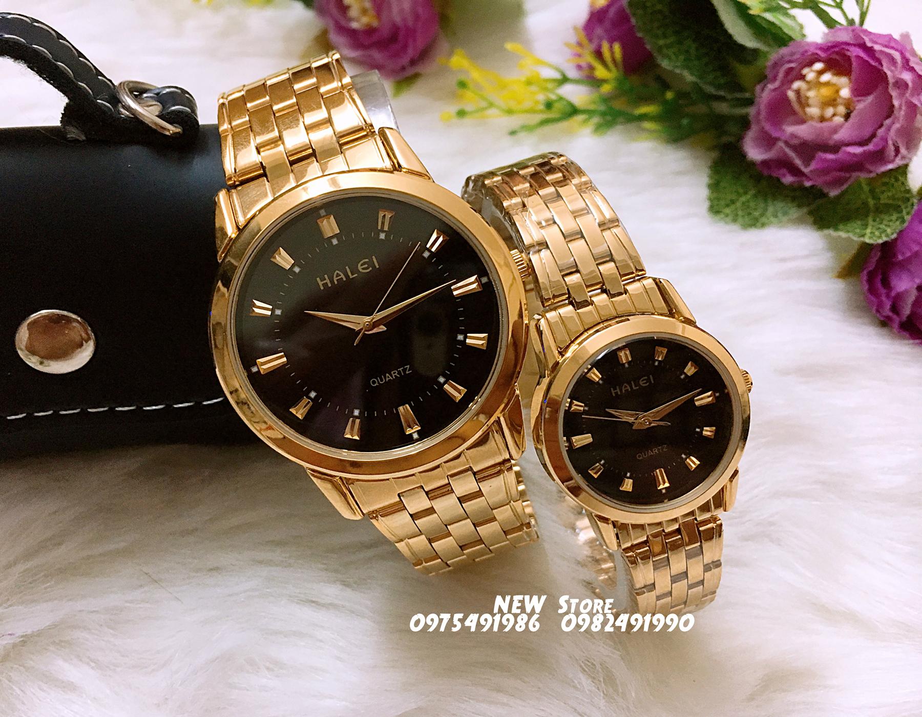 Đồng hồ cặp đôi dây thép Halei Gold black platium sang trọng, huyền bí