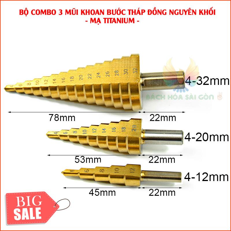 Bộ 3 Mũi khoan bước tháp Titanium 4-32mm Cao cấp - Khoan sắt, nhôm, tạo lỗ định hình - Hàng nhập khẩu, Tặng phiếu bảo hành 1 năm Toàn quốc