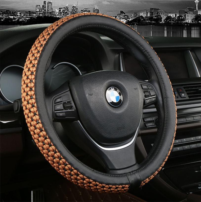 Bọc vô lăng ô tô xe hơi da PU bện vải thoáng khí MT52122 (Đen chỉ nâu)