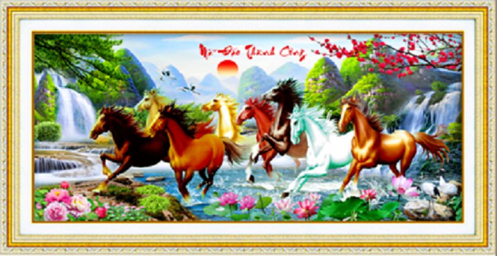 Tranh thêu mã đáo thành công 8 con ngựa 3D Lavender LV3023 132X58 cm Chưa thêu