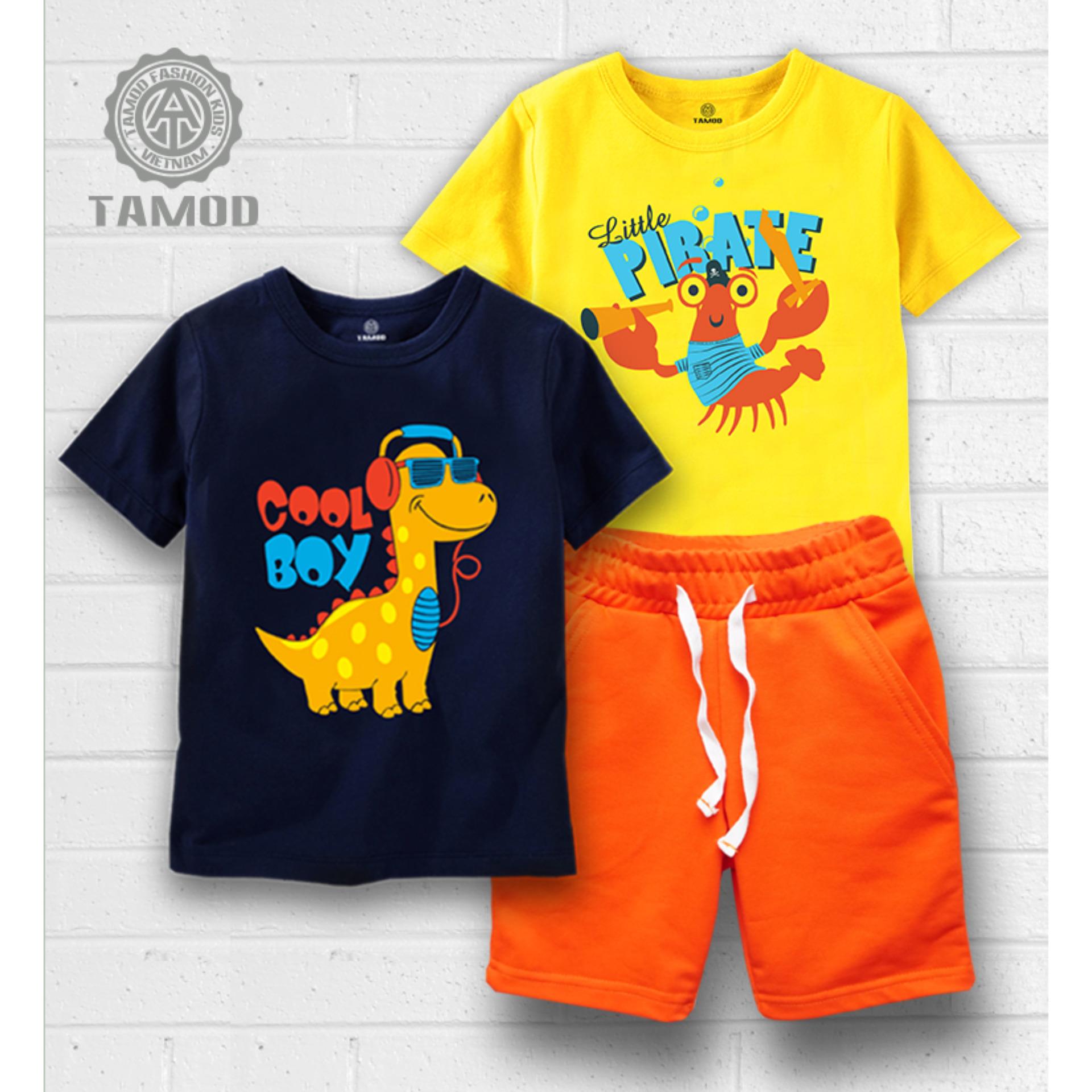 [HCM]Combo Quần áo bé trai thương hiệu TAMOD/Áo thun nam hình Khủng long màu xanh đen và Quần Short thun Hàn Quốc màu cam rất mềm mại dễ thương.