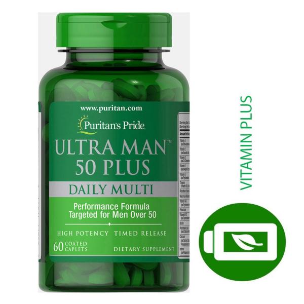 Dinh dưỡng tăng cường sức khỏe cho nam giới trên 50 tuổi phòng chống các bệnh tim mạch, ung thư, tiểu đường hay suy giảm khả năng tình dục do sức khỏe suy giảm, Vitamin Mỹ Puritans Pride Ultra Man 50 Plus Daily Multi 60 viên nhập khẩu