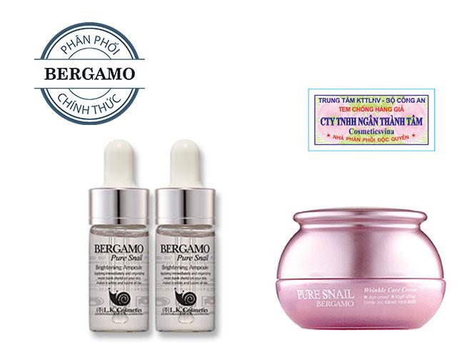 Combo kem dưỡng trắng da và chống nhăn từ ốc sên &set 2 chai tinh chất dưỡng trắng da từ ốc sên – bergamo pure snail brightening ampoule