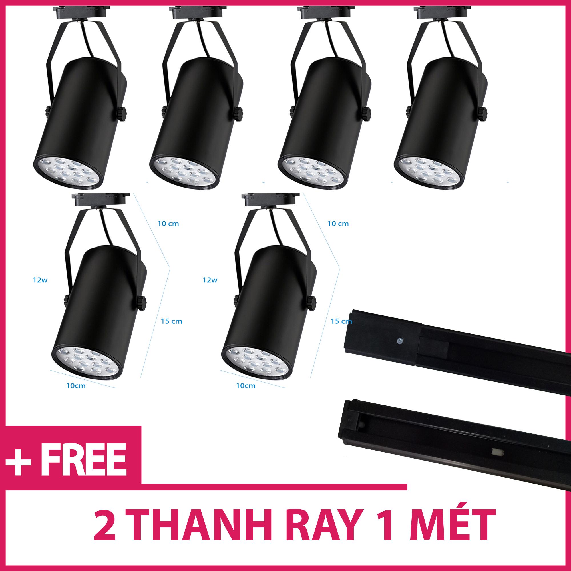 BỘ 6 ĐÈN RỌI RAY VỎ ĐEN 12W ÁNH SÁNG TRẮNG VÀ 2 THANH RAY TRẮNG 1 MÉT