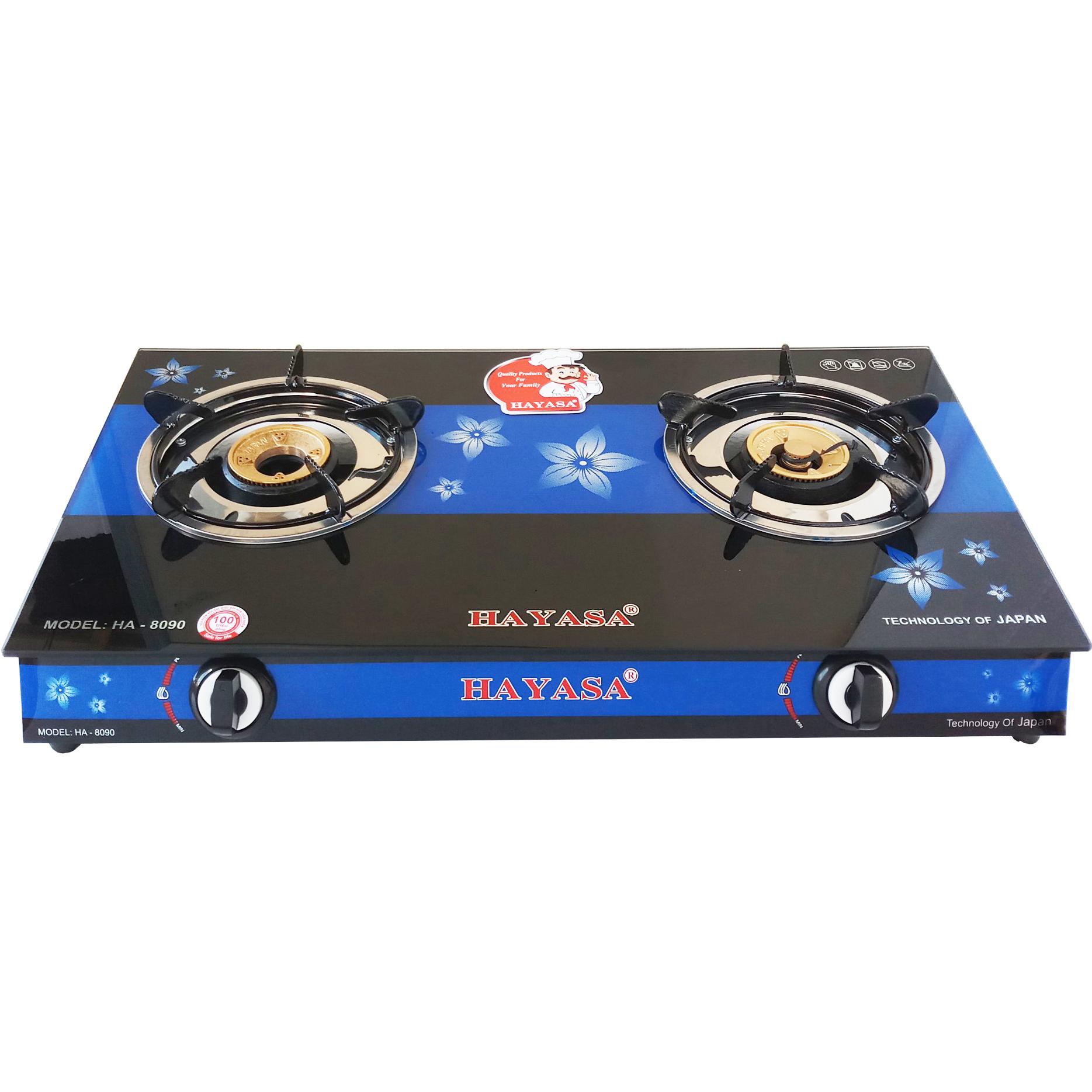 Bếp Gas Đôi Cao Cấp HAYASA HA-8090 Mặt Kiếng Cường Lực, Điếu Gang, Đầu Đốt Đồng, Có Chức Năng Hâm Tiết Kiệm Gas