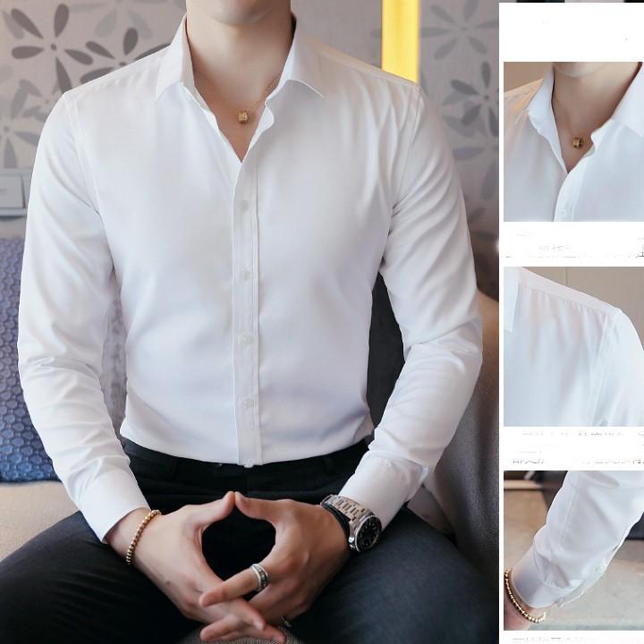 Áo Sơ Mi Nam Vải Lụa Trơn Không Nhăn Chống Xù, Sơ mi nam dáng ôm body Hàn Quốc