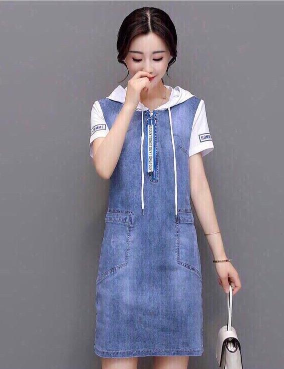 Đầm suông jean phối nón