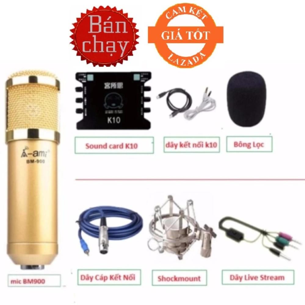 COMBO bộ mic livestream hát karaoke AMI BM900, card xox k10, dây livestream loại tốt, chân kẹp míc, màng lọc âm