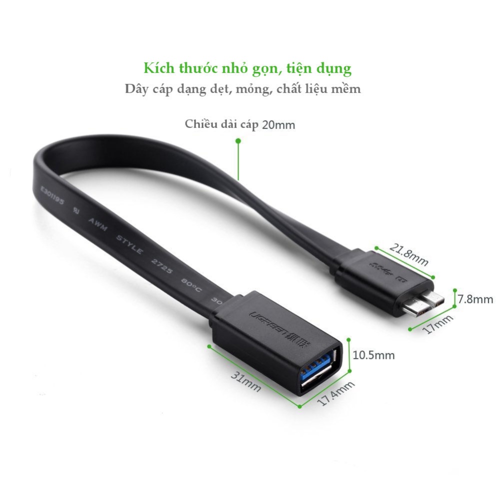 Dây Micro USB 3.0 B OTG sang USB 3.0 dạng dẹt cho Samsung Note 3/S5/I9600/G900... dài 20CM UGREEN US127 Dây Micro USB 3.0 B OTG sang USB 3.0 dạng dẹt cho Samsung Note 3/S5/I9600/G900... dài 20CM UGREEN US127