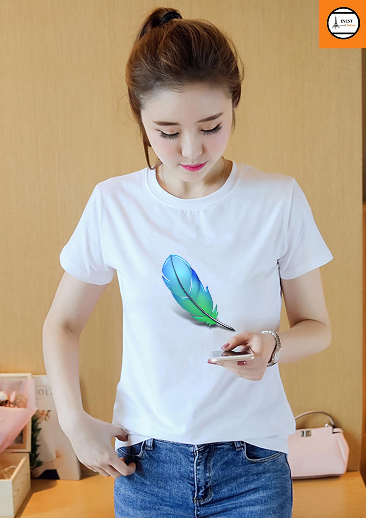 [HCM]Áo thun nữ cổ tròn in hình lông vũ xanh form rộng vải dày mịn AoK1728