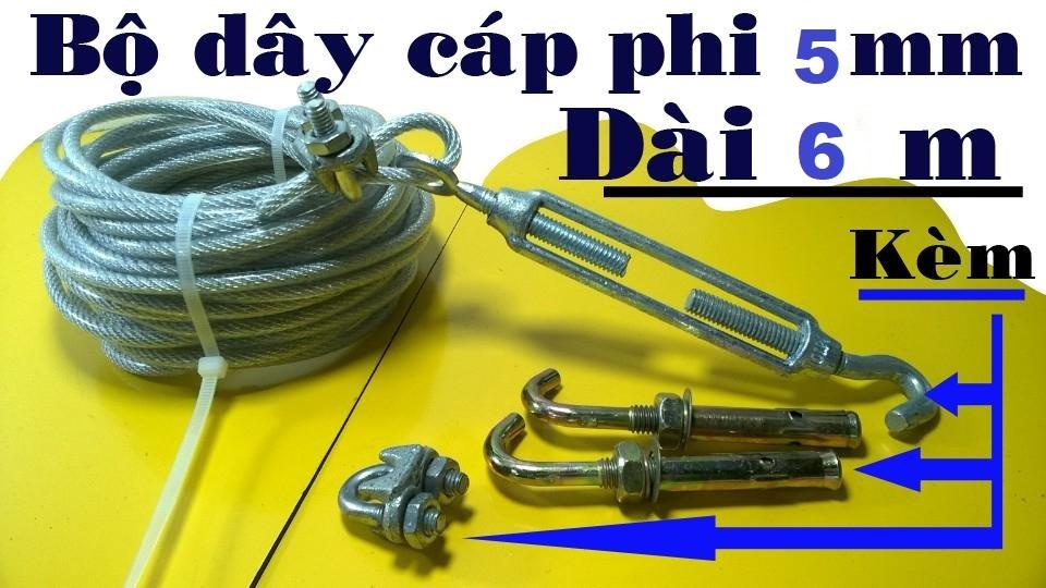 Dây phơi quần áo - Dây cáp phơi đồ Phi 5mm DÀI 6m + Tặng kèm 2 khóa cáp, 1 tăng đơ, 2 nở móc