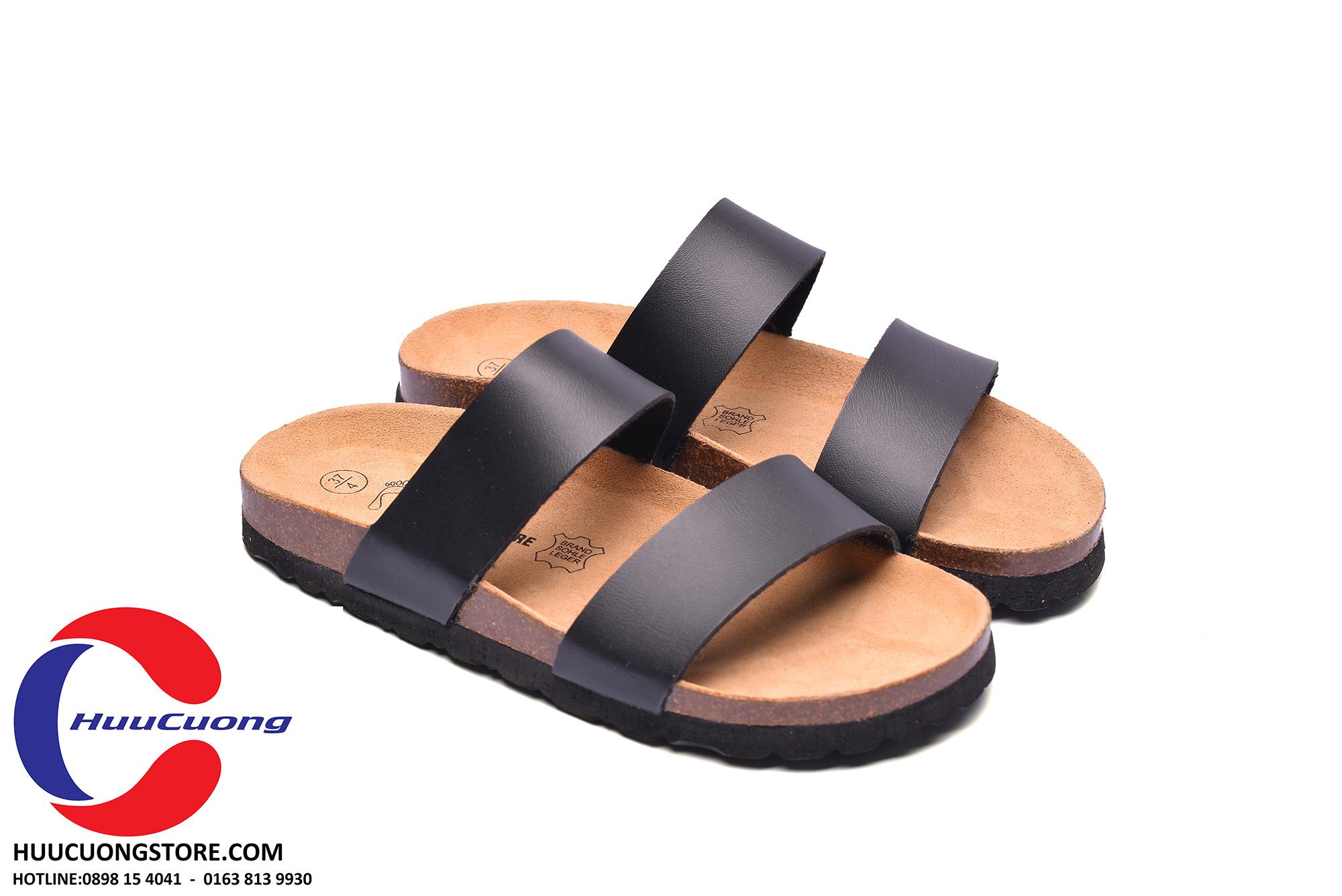 Dép sandal 2 quai đen nam nữ đế trấu
