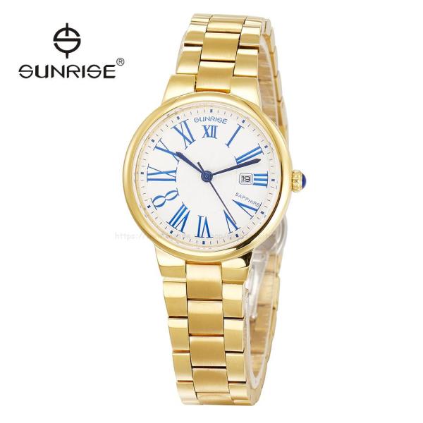 Đồng hồ nữ siêu mỏng Sunrise 2133SA 1 lịch kính Sapphire chống xước Fullbox hãng (Mặt trắng kim xanh dây vàng)