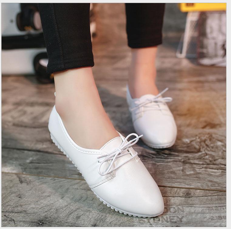 Giày oxford nữ da TRẮNG mũi tròn đế bằng cột dây