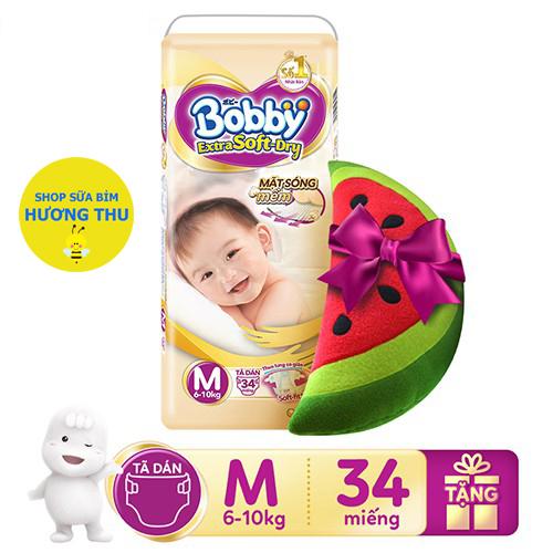 Tã/Bỉm Dán Bobby Extra Soft Size M 34 miếng , tặng kèm gói ôm hoa quả