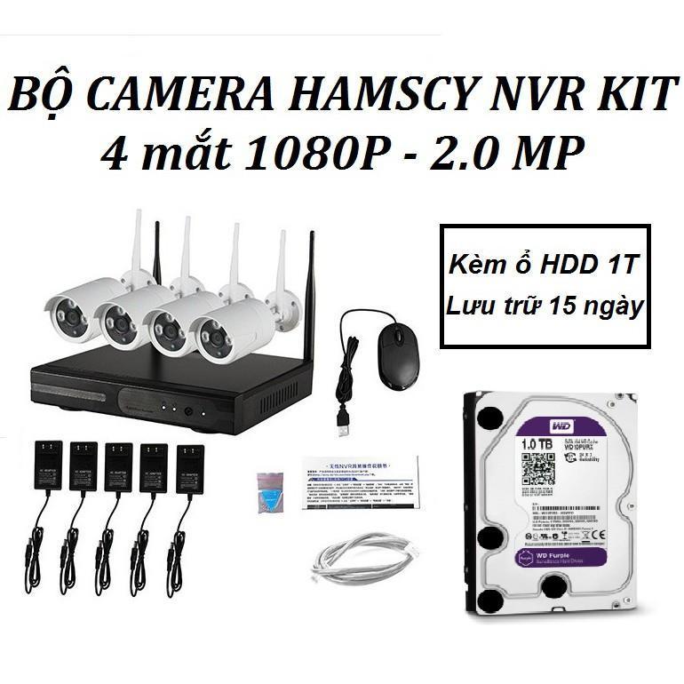 Bộ 4 mắt camera wifi chống nước 2.0m 1080p + đầu ghi hình nvr kèm ổ hdd 1t