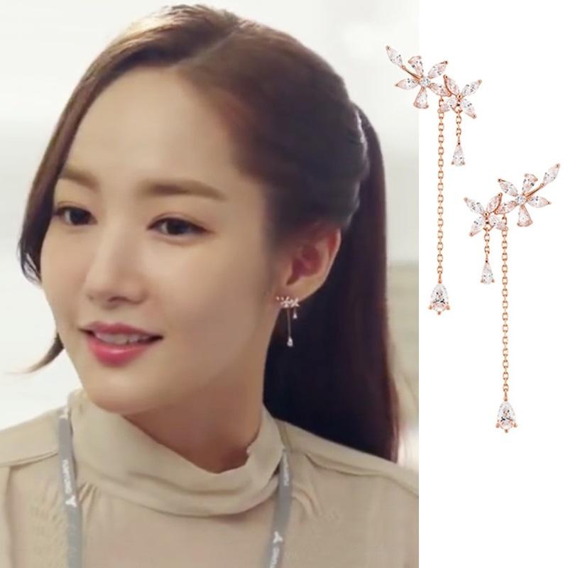 Bông tai Thư Kí Kim hoa đá zircon dáng dài