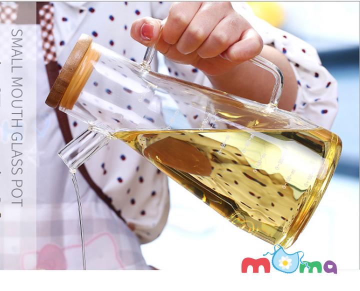 Bình chai lọ thủy tinh có nắp gỗ nút silicon Oil Can đựng dầu ăn giấm nước tương nước mắm dung dịch dung tích 650ml HK004