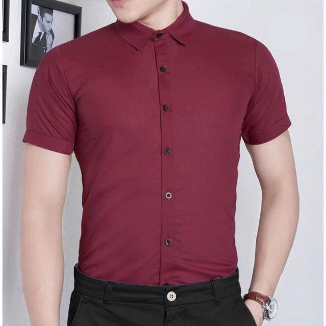 Sơ mi lụa trơn (ngắn đỏ đô) hiện đại