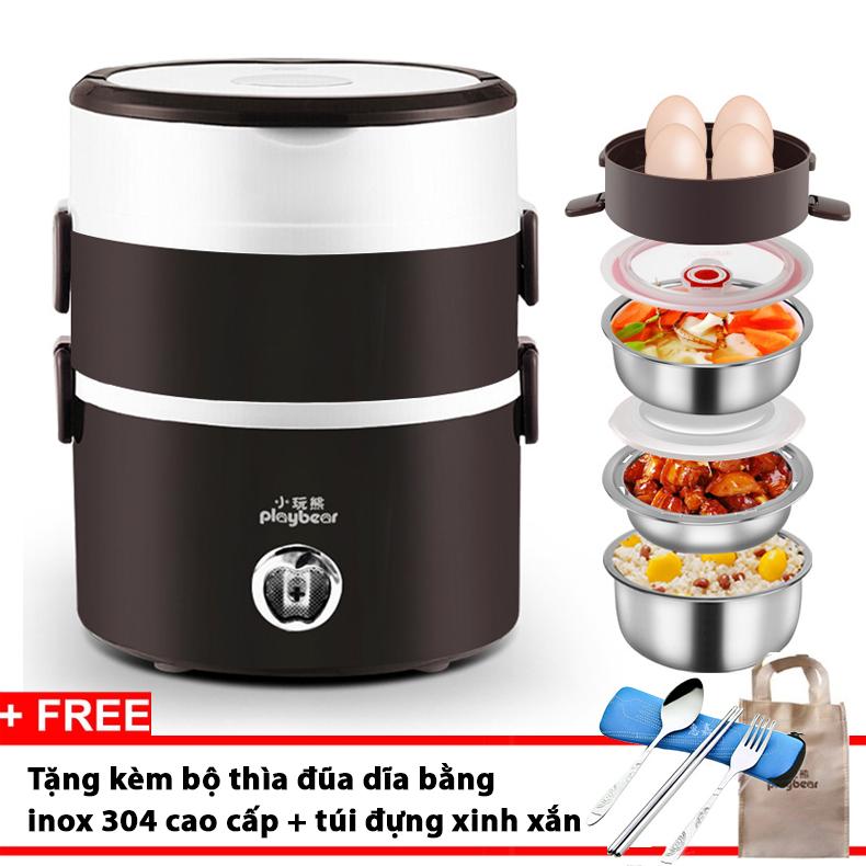 Hộp cơm cắm điện văn phòng 3 ngăn inox PlayBear DFH2019