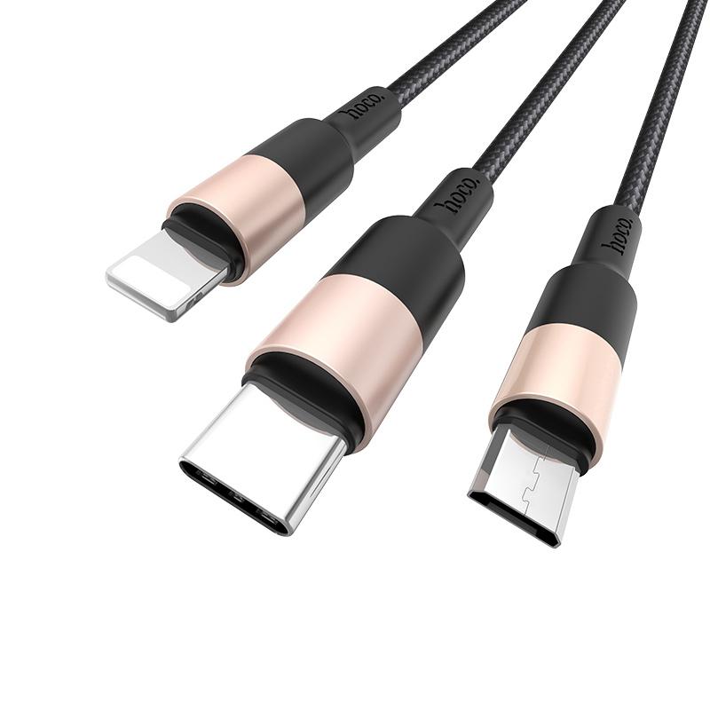 Dây sạc đa năng 3 trong 1 Hoco X26 hỗ trợ sạc 3 cổng: Lightning, Micro USB và USB Type-C