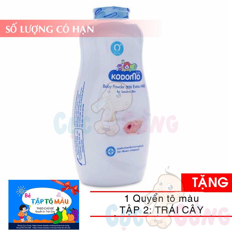 Phấn ngừa rôm sẩy Kodomo 360g - Extra Mild (xanh) TẶNG 1 quyển tô màu (trái cây) - phan ngua rom say cho be