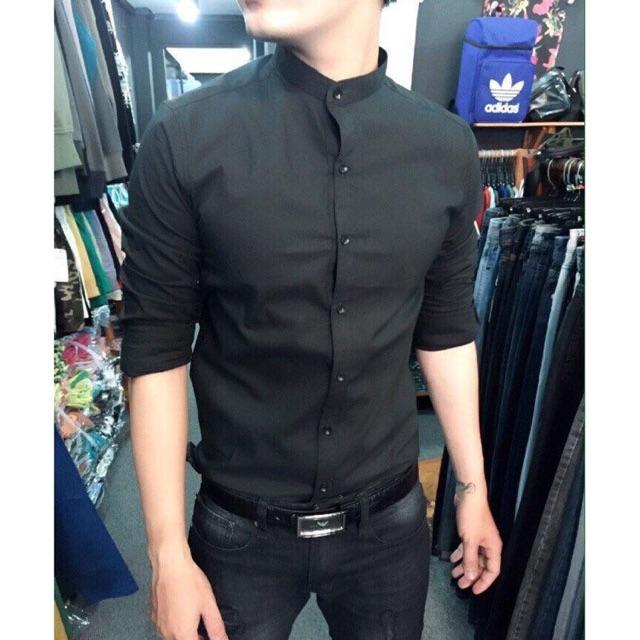 Áo Sơ Mi nam Cổ Trụ Màu Đen,Sơ Mi cổ tàu Màu Đen chất đẹp không nhăn