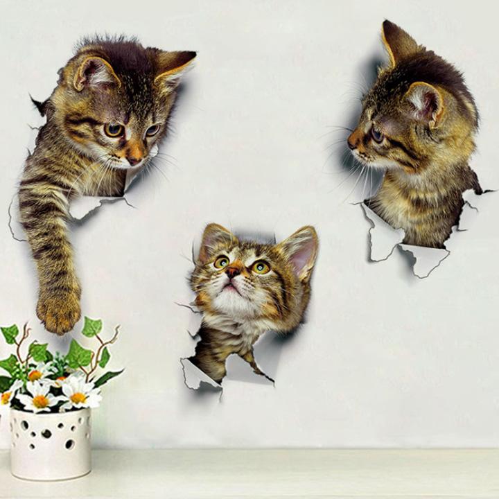 Bộ 5 tranh 3D chú mèo ngộ nghĩnh dán tường