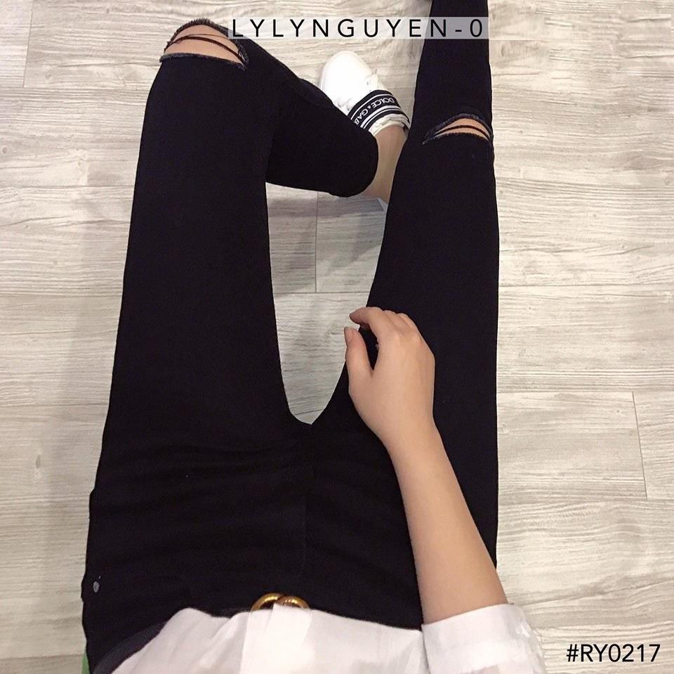 [HCM]QUẦN JEAN NỮ LƯNG CAO CHẤT LIỆU ĐẸP CO GIÃN ĐEN RÁCH GỐI 02 VIET FASHION - CÓ SIZE ĐẠI 70KG