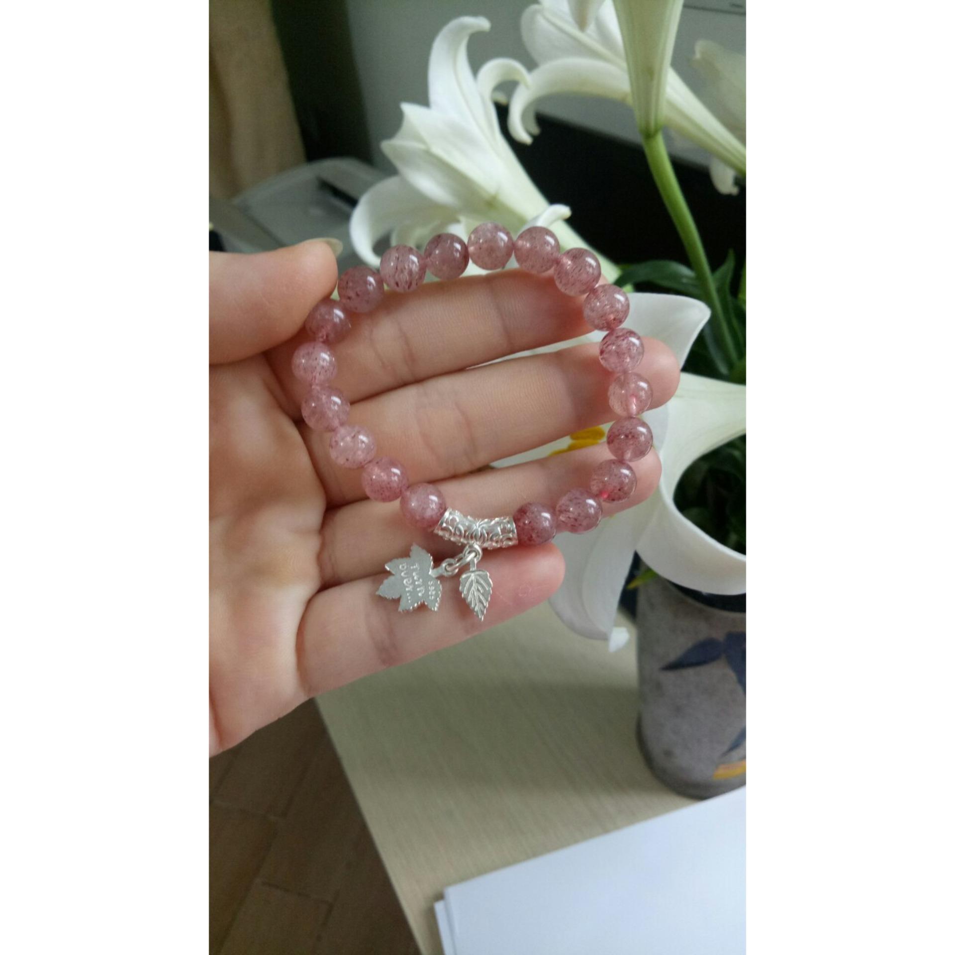 Vòng tay đá thạch anh hồng dâu tây mix bạc