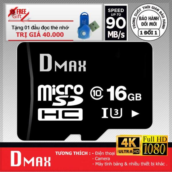 Thẻ nhớ 16GB Tốc độ cao UHS1 U3 up to 90mb/s Dmax Micro SDHC +Tặng đầu đọc thẻ micro PT