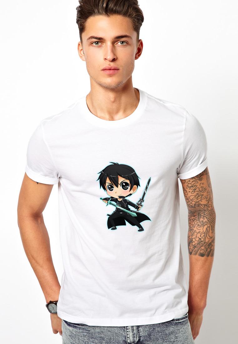 Áo thun nam cổ tròn in hình chibi nhóc cầm kiếm dày mịn aoknam545