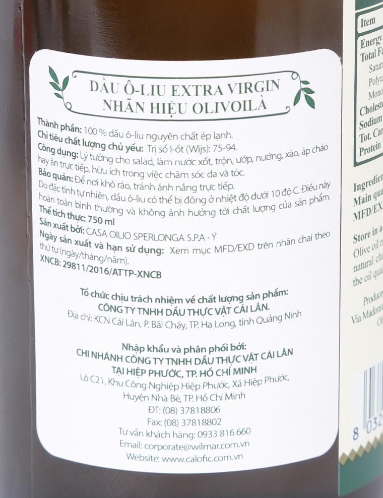 Dầu Oliu Extra Virgin Nhãn Hiệu Olivoila Chai 750ML - Hàng chính hãng
