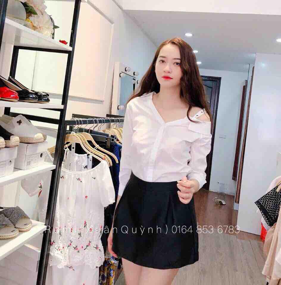 Sét áo sơ mi lệch vai+ chân váy phối bộ tôn dáng