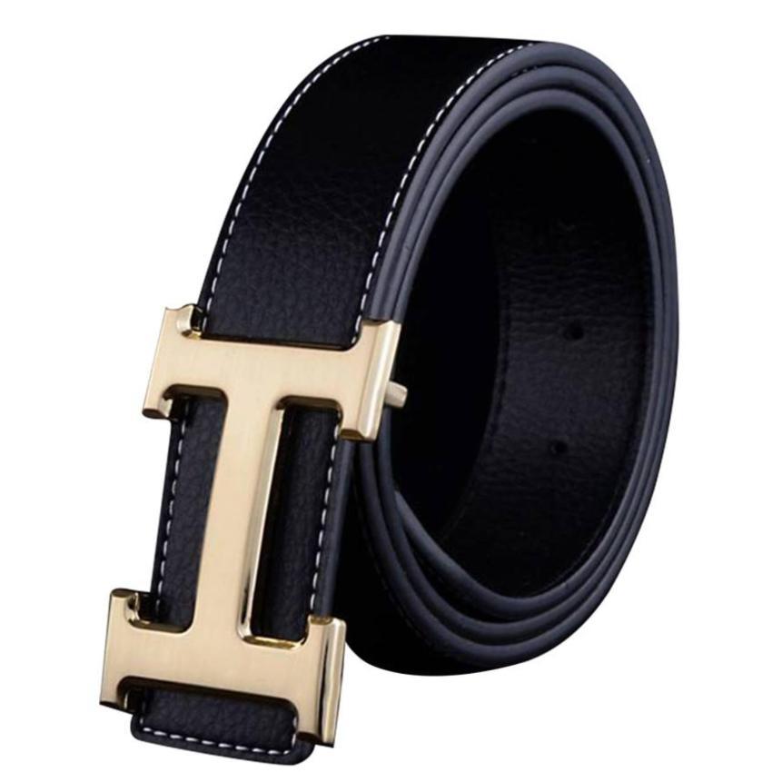 Thắt Lưng Nam Da Thật mặt Chữ H cao cấp MN668 ( Mặt Vàng - Dây Đen )
