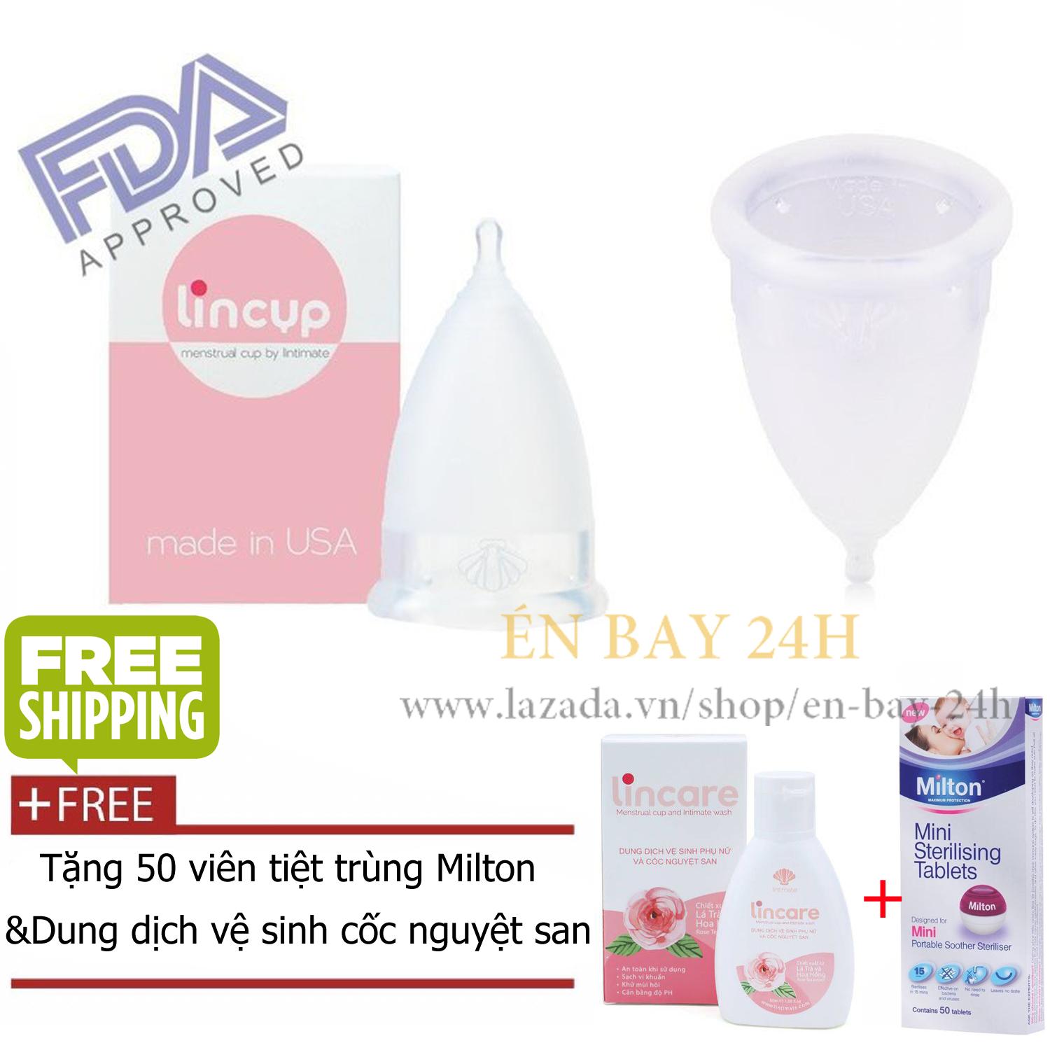 Cốc nguyệt san Lincup + Tặng 50 viên tiệt trùng + Cốc tiệt trùng + Túi vải nhập khẩu