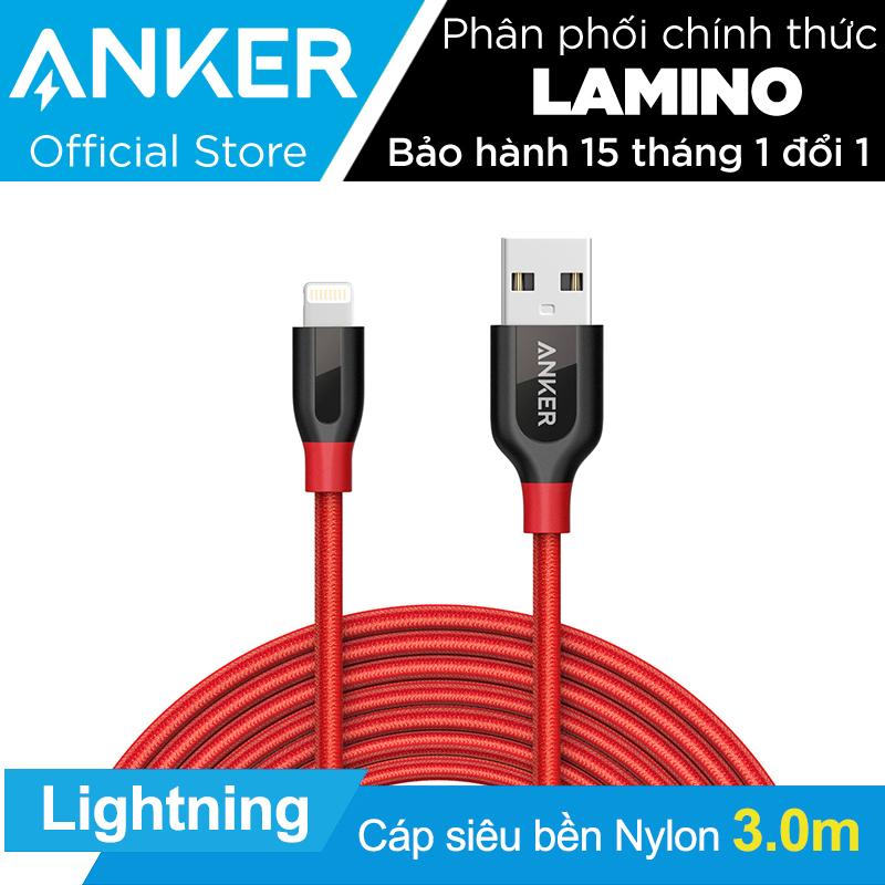 Cáp sạc siêu bền ANKER PowerLine+ Lightning 3m cho iPhone iPad iPod (Đỏ) - Hãng phân phối chính thức
