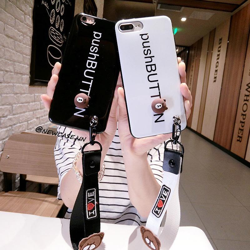 Giá Ốp Lưng Dẻo Gấu Đôi Mặt Lưng Bóng Kính (Kèm Dây) - Iphone 6, 6plus, 7, 7plus, 8, 8plus, X