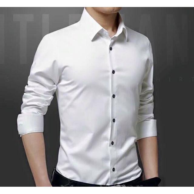 Áo Sơ mi nam Trắng cúc Đen vải đẹp, sơ mi nam vải lụa thái chống nhăn