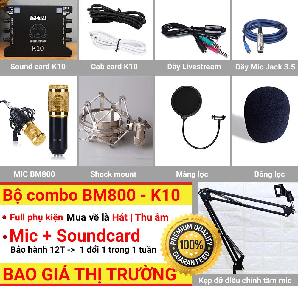 Combo mic hát live stream bm800 + soundcard k10