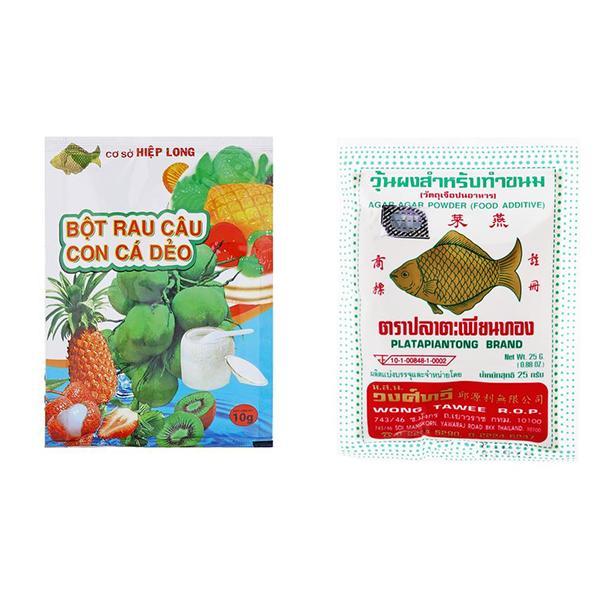 Combo Bột rau câu giòn cá vàng gói 25g và 3 gói rau câu con cá dẻo 10g- Làm trân châu trắng