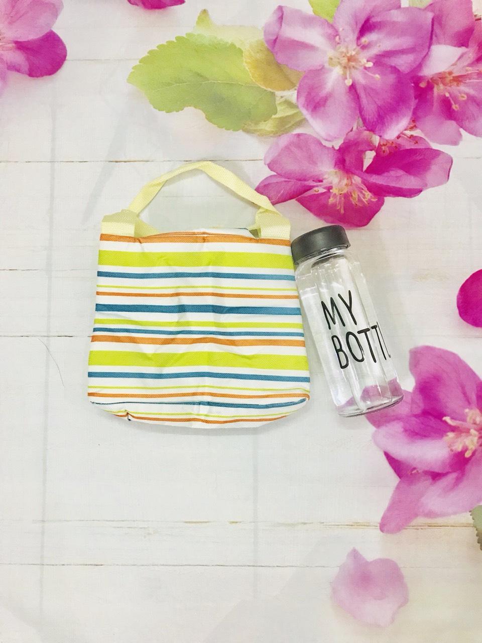 Combo túi giữ nhiệt đa năng kẻ ngang + Bình nước thủy tinh My Bottle đựng Detox