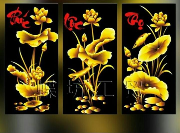Tranh thêu chữ thập 3d Phúc lộc thọ - kim sắc hoa sen chưa thêu