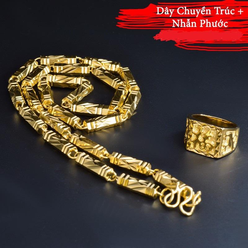 Bộ COMBO ( Dây chuyền ống trúc - Nhẫn chữ phúc ) Mạ vàng 24k công nghệ ITALY