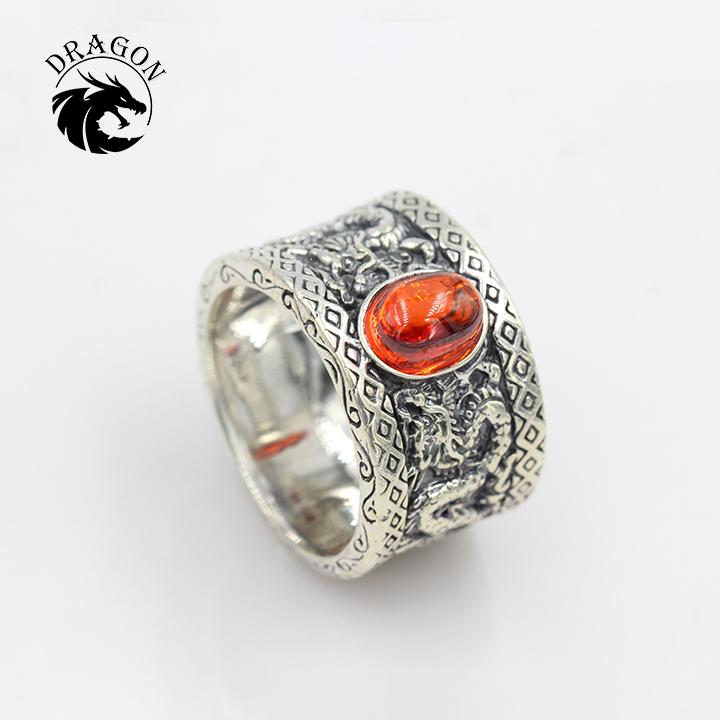 Nhẫn bạc nam, nhẫn bạc thái, nhẫn đẹp, nhẫn nam, nhẫn lưỡng long chầu nguyệt đá đỏ chất liệu bạc thái - bạc nam dragon