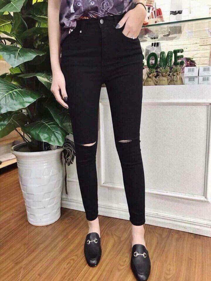 quần jean nữ xẻ RÁCH NGANG gối QUẦN BÒ NỮ rách gối  màu đen hợp phong cách thời trang  xịn 666