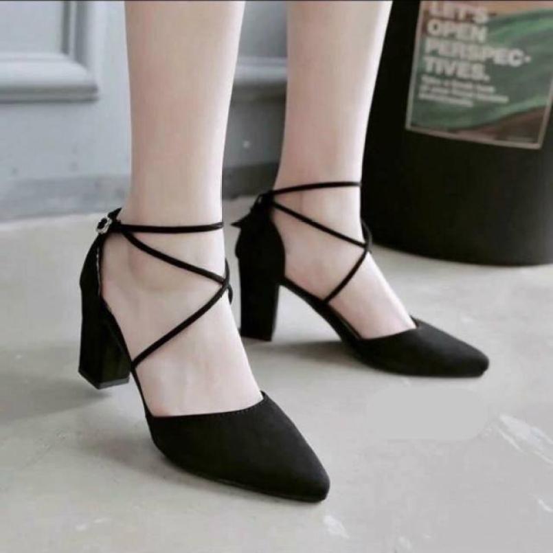 Giày cao gót nữ đế vuông bít mũi dây chéo xinh xắn dễ thương - 7cm giá rẻ