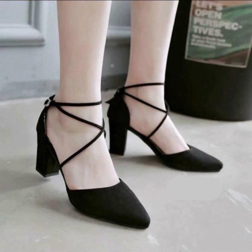 Giày cao gót nữ đế vuông bít mũi dây chéo xinh xắn dễ thương - 7cm giá rẻ