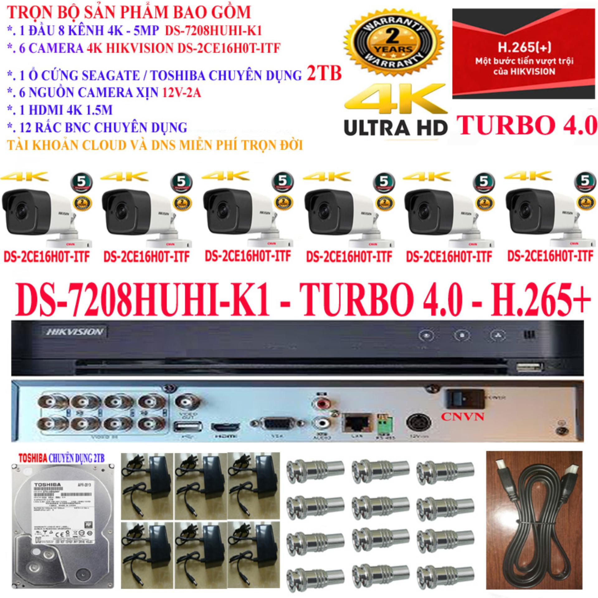 Trọn bộ 1 đầu ghi hình camera 8 kênh 4k cao cấp hikvision ds-7208huhi-k1 + 6 camera 4k ds-2ce16h0t-itf + 1 ổ cứng chuyện dụng seagate skyhawk / toshiba chuyên dụng 2000gb + 6 nguồn nhện xịn 12v + 1 hdmi + 12 rắc bnc